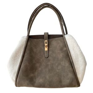 NWT FFC New York Lydia Sheep Faux Fur Tote Bag Purse Olive Green Natural (Large)